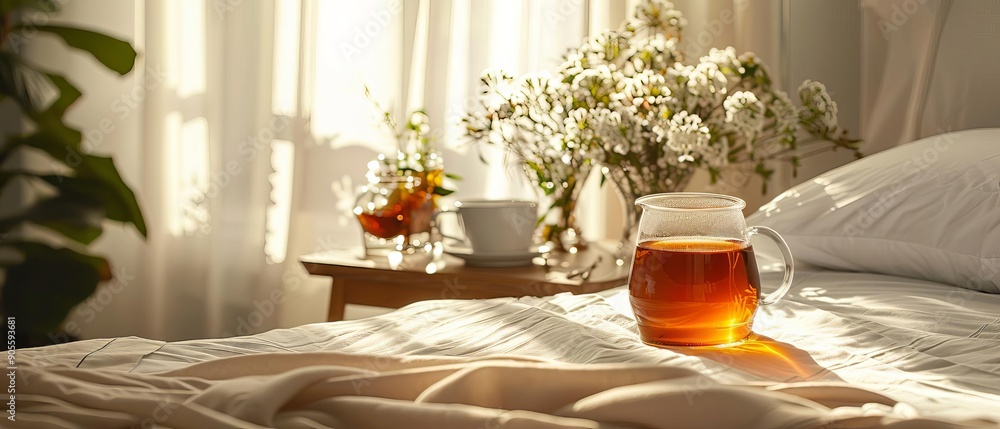 A detailed shot of a calming herbal tea blend on a bedside table, next to a neatly made bed, high detail A detailed shot of a calming herbal tea blend on a bedside table, next to a neatly made bed, high detail
