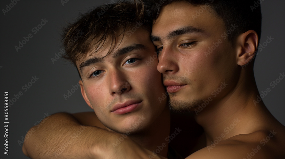 This strikingly beautiful portrait captures the deep closeness shared between two young men, showcasing their unique connection in a calm, serene, and profoundly tender moment of togetherness This strikingly beautiful portrait captures the deep closeness shared between two young men, showcasing their unique connection in a calm, serene, and profoundly tender moment of togetherness