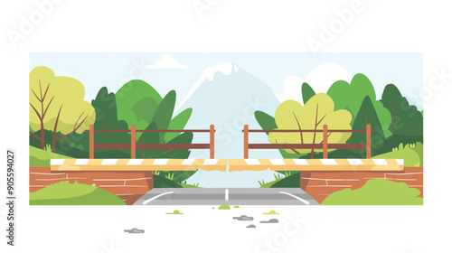 Small wooden bridge over road park setting, mountain landscape background, nature visible. Vibrant green, clear sky, tranquil park view wooden bridge road. Cartoon style illustration