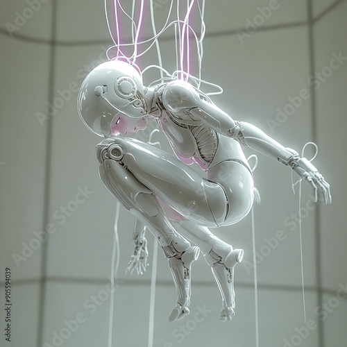 A futuristic robot, with a humanoid form and pink hair, is suspended in mid-air by strings, seemingly floating against a stark white background.