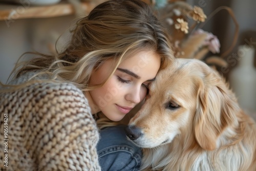 Young Woman Petting Her Golden Retriever in Living Room - Sitting Near Table with Flower Basket and Potted Plant on Wooden Shelf by Window, Playfully Kissing the Dog 