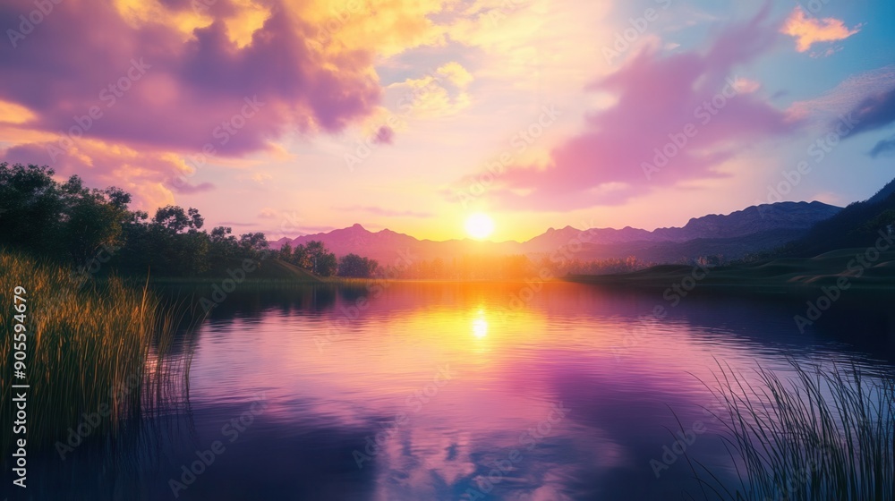 Naklejka premium A stunning sunset over a serene lake, reflecting vibrant colors of pink, purple, and orange, surrounded by lush landscapes.