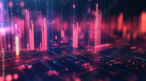 Vibrant digital landscape featuring glowing bars and lines, representing data flow and technology in a futuristic environment.