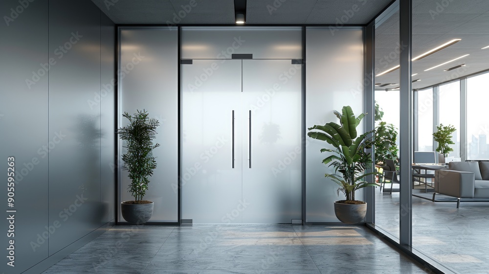 Contemporary Office Lobby with Large Potted Plants and Glass Walls ...