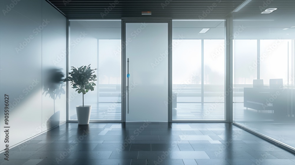 Fototapeta premium Modern office building. Contemporary corporate architecture. Front of a commercial luxury building,.Bright Office Reception with Green Plants and Frosted Glass Walls