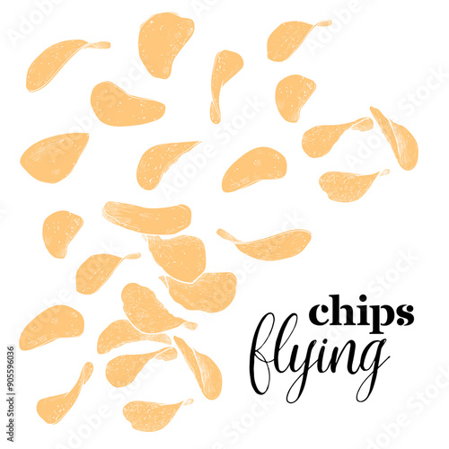 Hand drawn vector flying chips. Yellow fill crisps on white background. This asset is ready to use and easy to edit. The vector is one united shape.
