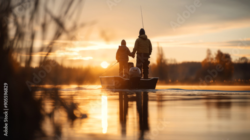 Two people fishing on a boat during a peaceful sunset, silhouetted against the golden sky with calm waters reflecting the warm hues.