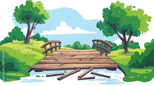 Wooden bridge damaged over tranquil stream scenic natural landscape. Broken planks missing lush greenery cartoon style design. Serene outdoor scene park environment wooden architecture disrepair