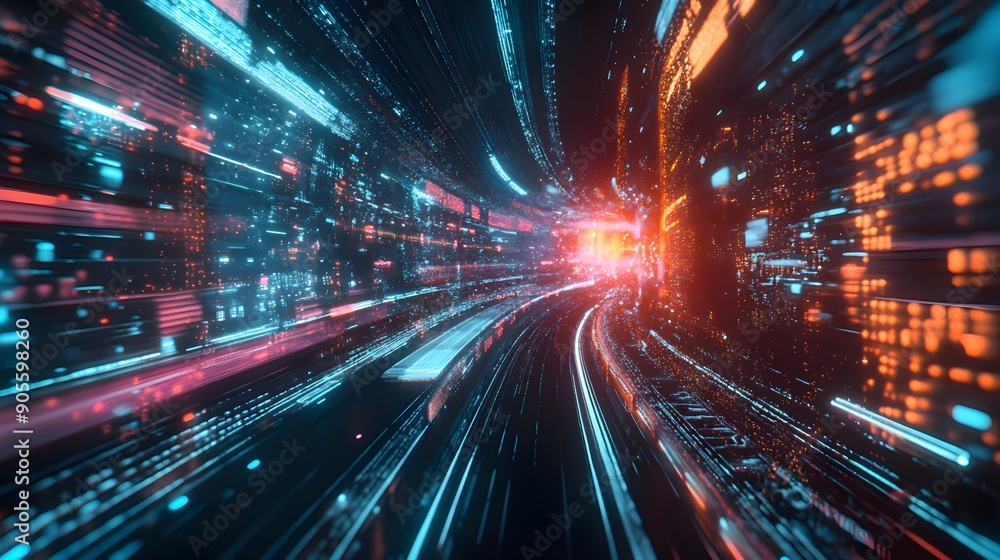 Futurystyczna scena łącząca elementy 2D i 3D, z ruchem, efektami specjalnymi i odważnymi kolorami Futurystyczna scena łącząca elementy 2D i 3D, z ruchem, efektami specjalnymi i odważnymi kolorami