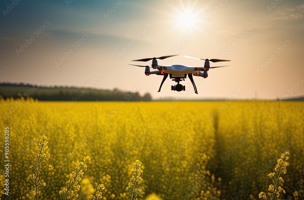 Quadcopter with camera flying over field. Smart agriculture concept Quadcopter with camera flying over field. Smart agriculture concept