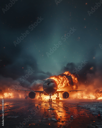 Airplane engulfed in flames on a runway at night. Generative AI image photo