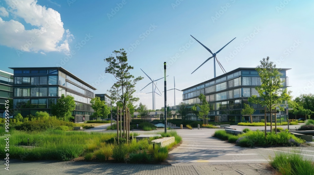 Obraz premium Corporate park with energy-efficient architecture, wind turbines in background, and green landscape, focusing on renewable energy. Corporate building reduce CO2