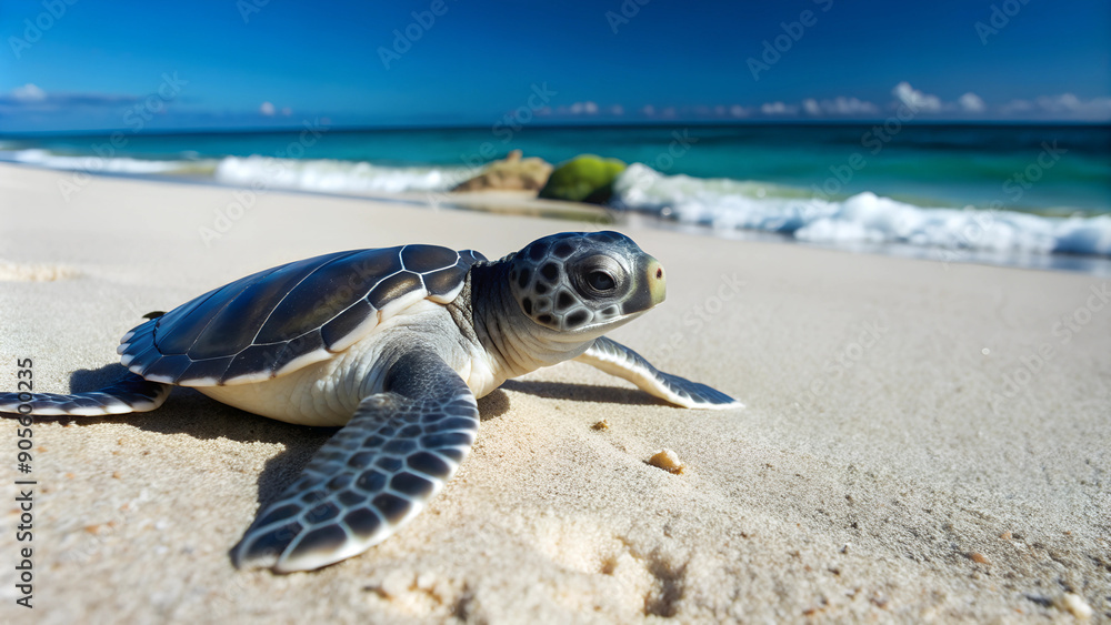 Obraz premium photo realistic of top view of Baby Sea turtle hatchling crawling on the white sand beach toward the sea, Raine Island, Great Barrier Reef, Australia.