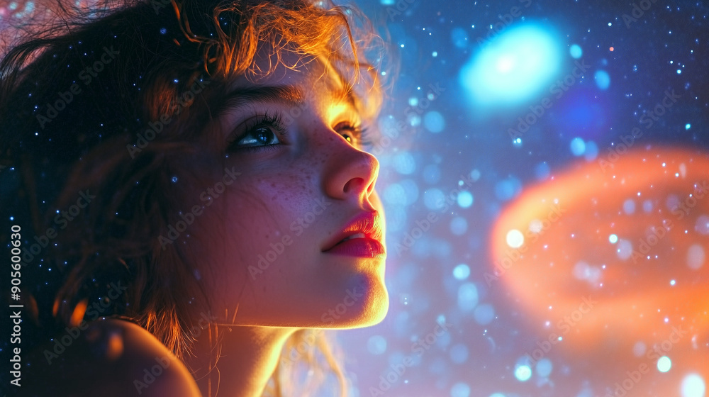 Woman with space and planets in the sky behind her Woman with space and planets in the sky behind her