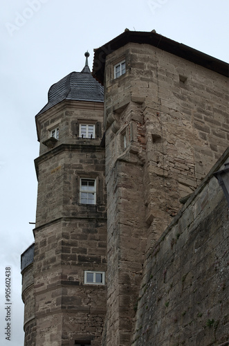 Kronach, Germany-April 10,2024:Detailed view of the ancient cobblestone building in the Fortress Rosenberg in Kronach. Typical architecture in Bavaria, region Upper Franconia, Germany