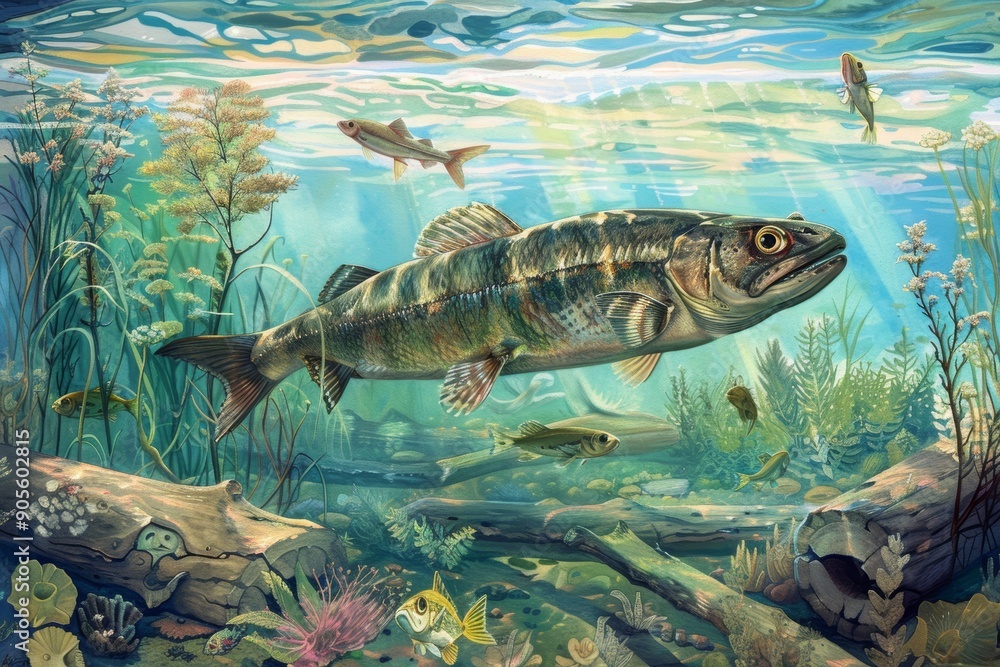Prehistoric Fish Species Illustration in Ancient Aquatic Environment for Educational Use Prehistoric Fish Species Illustration in Ancient Aquatic Environment for Educational Use
