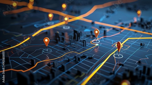 Digital map with highlighted pins indicating specific locations for efficient GPS route guidance High-Resolution, Navigation, Digital Photography