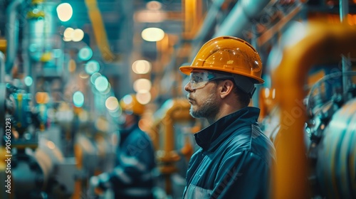 Engineer and technician in manufacturing plant, abstract blurred image
