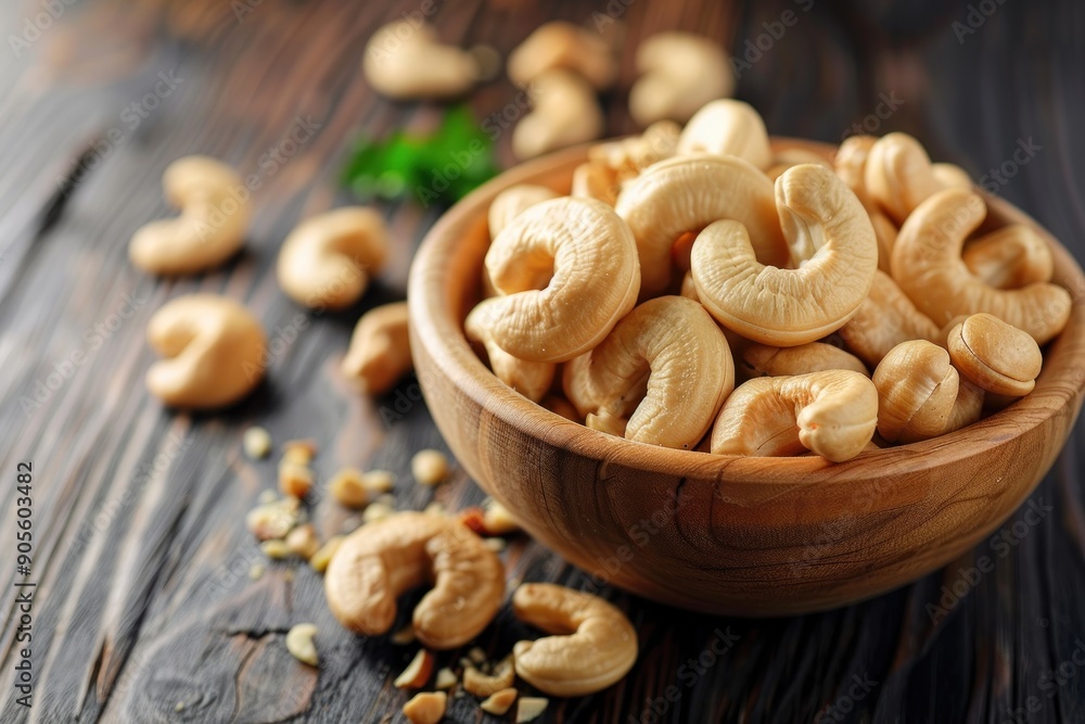 Cashews in a Wooden Bowl on a Rustic Table Cashews in a Wooden Bowl on a Rustic Table