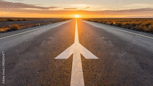 Journey to success depicted by a road at sunset with an arrow, highlighting motivation and achievement High-Resolution, Inspirational, Digital Art