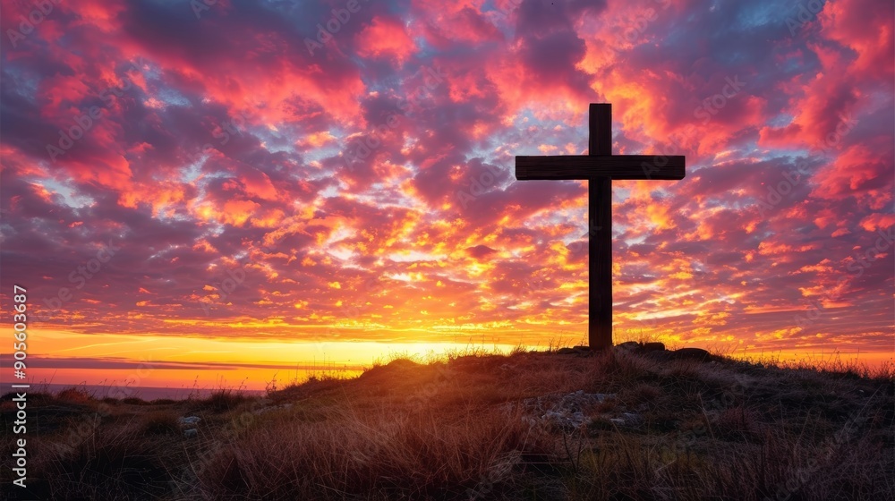 Cross silhouetted against a dramatic sky, symbolizing the central tenet of Christian faith Cross silhouetted against a dramatic sky, symbolizing the central tenet of Christian faith