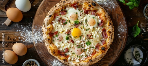 Carbonara Breakfast Pizza. A delightful breakfast pizza with eggs, pancetta, and cheese, inspired by Carbonara pasta, served on a perfectly baked crust, ideal for a hearty morning meal.