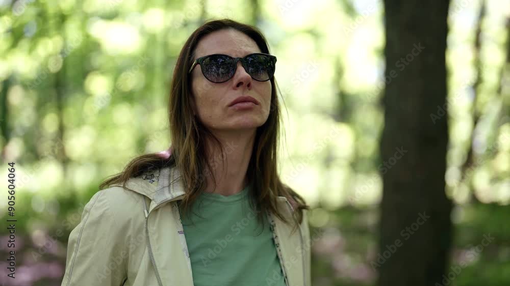 Walking through a forest park, a middle-aged woman with kind eyes enjoys the beauty of green trees and the sounds of nature, her face glows with joy and tranquility. Walking through a forest park, a middle-aged woman with kind eyes enjoys the beauty of green trees and the sounds of nature, her face glows with joy and tranquility.