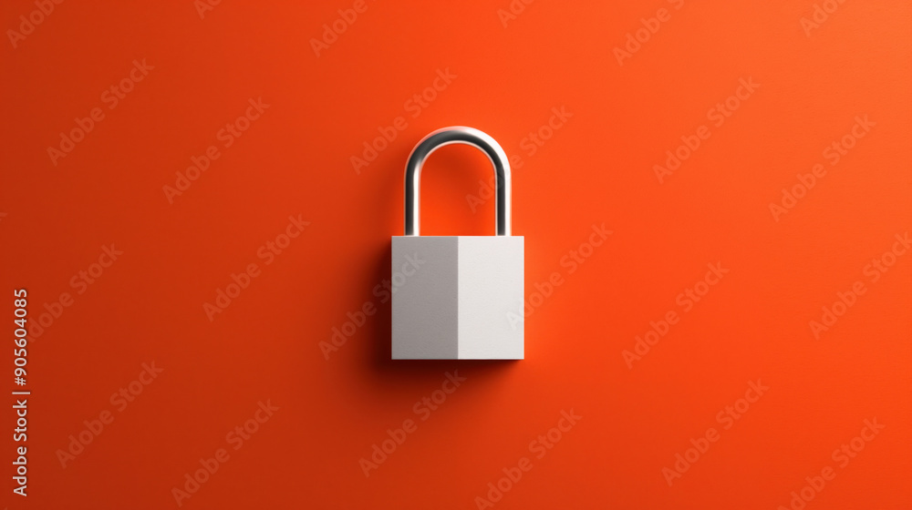 Silver padlock on a bright orange background with strong contrast between lock and backdrop. Silver padlock on a bright orange background with strong contrast between lock and backdrop.