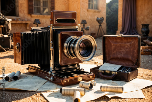 Large format camera standing on ground providing copy space photo