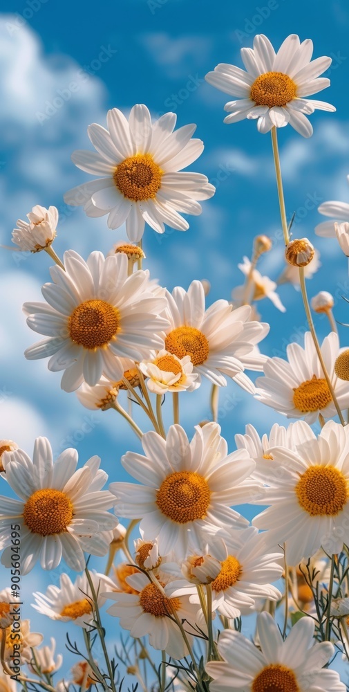 Fototapeta premium beautiful daisies in a field against blue sky. Summer happiness concept