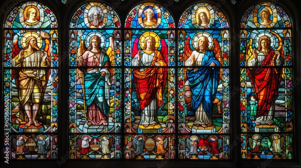 Stained glass depictions of saints and biblical figures, illustrating the veneration of holy individuals Stained glass depictions of saints and biblical figures, illustrating the veneration of holy individuals