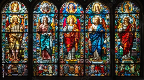Stained glass depictions of saints and biblical figures  illustrating the veneration of holy individuals