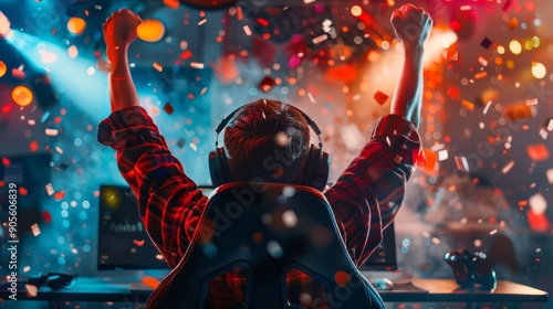 A victorious gamer celebrating a win, vibrant and dynamic, esports triumph