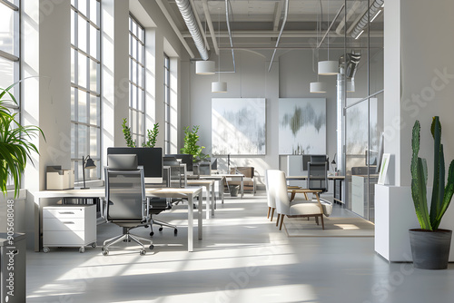 Modern Office Background with Open Layout, Natural Light, and Comfortable Ergonomic Furniture photo