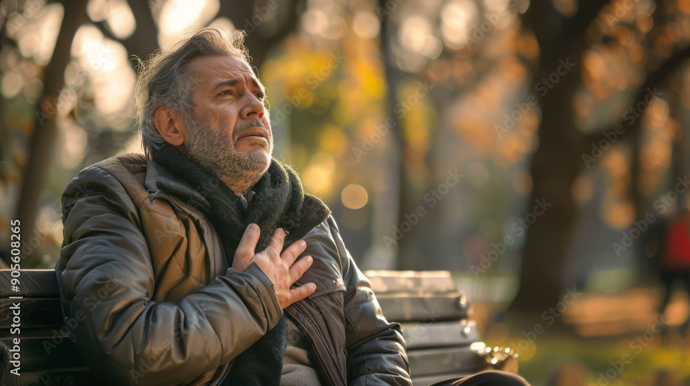 Senior Man Experiencing Chest Pain on Park Bench at Sunset - Concept of Heart Disease and Health Warning Senior Man Experiencing Chest Pain on Park Bench at Sunset - Concept of Heart Disease and Health Warning