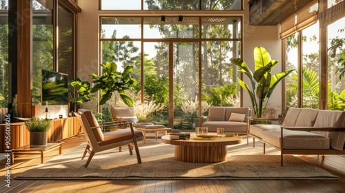 Modern Living Room with Large Windows and Tropical Views