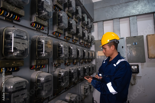 Electrical maintenance engineer checking .Electricity meter, main distribution board and write down value of electricity on a clipboard photo