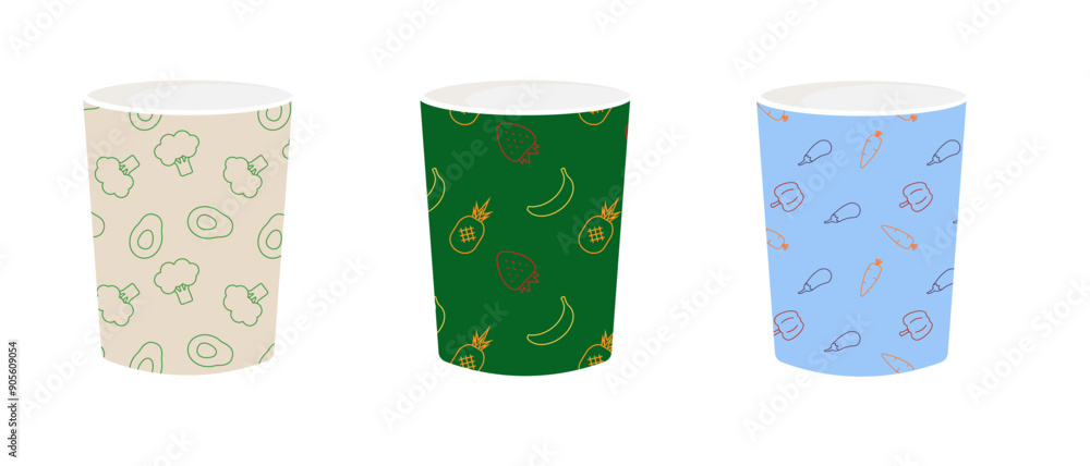 Set of paper cups with images of healthy foods. Design for disposable ...