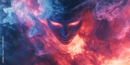 Haunting Female Face with Glowing Eyes in Colored Smoke