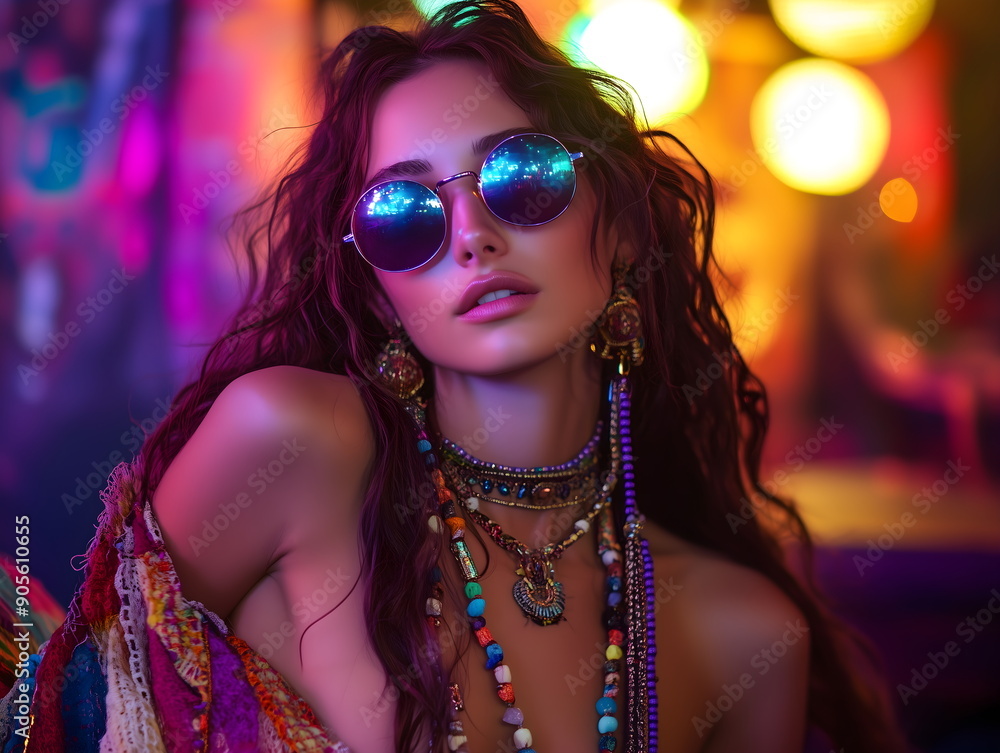 Obraz premium Beautiful young hippie girl in fashionable bohemian style clothes at neon party. Fashionable banner for night club.