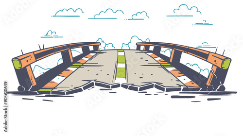 Collapsed cartoon bridge vector illustration, disaster concept artwork. Broken bridge structure, separation, obstacle, inaccessible path flat design. Artistic conceptual representation