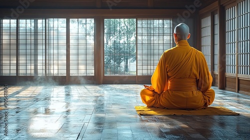 Zen Monk in Meditative Pose Amidst Traditional Japanese Room photo