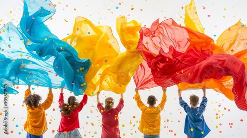 Childrens dance performance with colorful ribbons