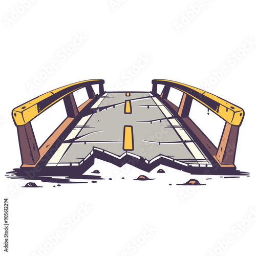 Broken wooden bridge cartoon illustration, destructed crossing structure concept, cracked destroyed planks over chasm. Collapsed bridge graphic design, safety failure concept, impassable obstacle