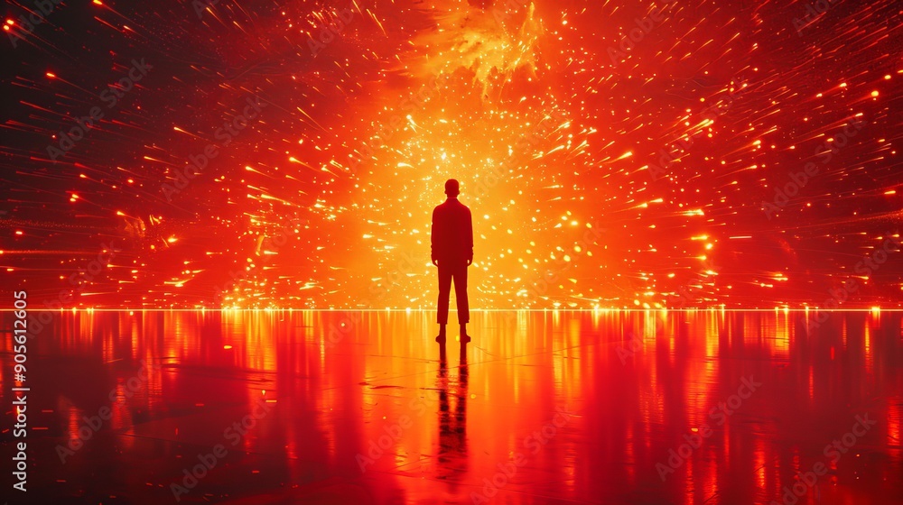 A solitary figure stands against a vibrant explosion of red light, creating a dramatic and captivating visual atmosphere. A solitary figure stands against a vibrant explosion of red light, creating a dramatic and captivating visual atmosphere.