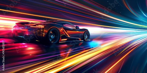 Dynamic illustration of a sleek sports car speeding through vibrant light trails in a futuristic cityscape, showcasing motion and energy