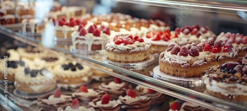 Elegant Dessert Display at Gourmet Bakery Featuring Cakes, Tarts, and Pastries for Bakery Designs