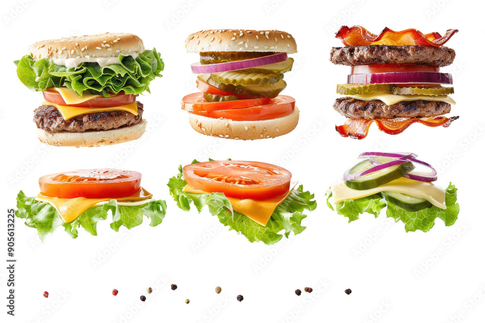 Burger with all components separated, isolated on white background. Burger with all components separated, isolated on white background.