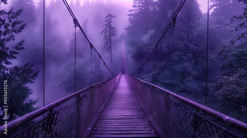 Fototapeta premium A mystical purple landscape featuring a serene bridge surrounded by misty trees, perfect for dreamy and enchanting themes.