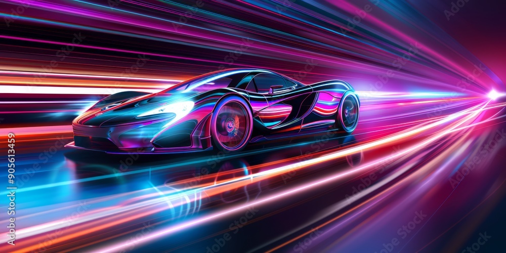 Vibrant Illustration of a Speeding Sports Car with Colorful Neon Light Streaks Vibrant Illustration of a Speeding Sports Car with Colorful Neon Light Streaks